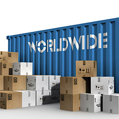 A collection of white and brown boxes are stacked in front of a large blue shipping container with “worldwide” printed on the side in white letters. 