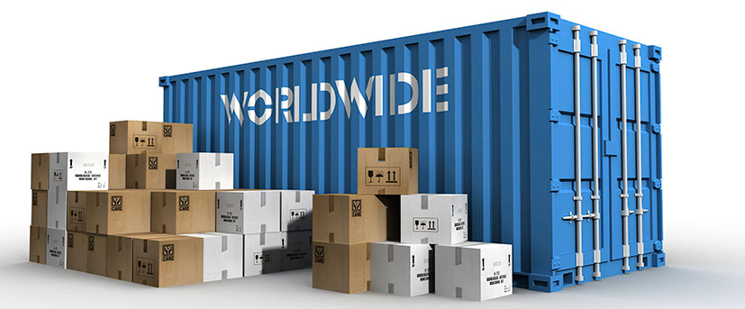 A CGI image is displayed featuring a royal blue shipping container with the text “worldwide” appearing in white. In the foreground are a collection of similarly-sized and all taped, white and brown moving boxes.